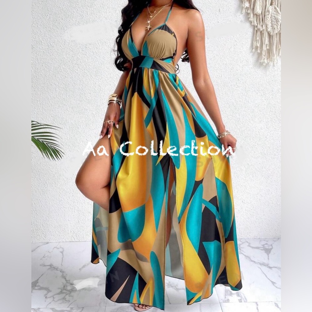 Boho Abstract Print Double Slit Backless Open Back Maxi Dress - Picture 2 of 6